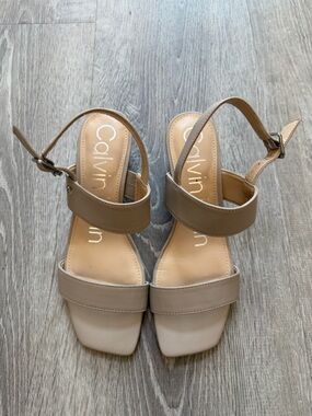 Calvin Klein Women's Neutral Taupe Strappy Block Heel Sandals